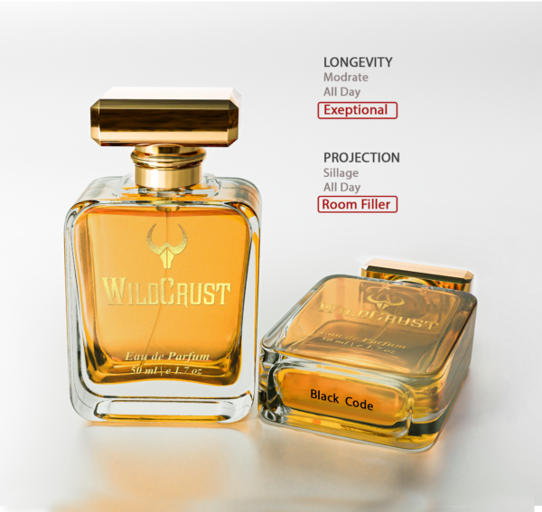 Wildcrust Black Code perfume for men warm spicy woody fragrance long lasting evening scent bottle