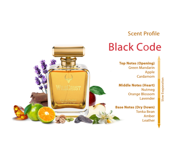 Wildcrust Black Code perfume for men warm spicy woody fragrance long lasting evening scent bottle