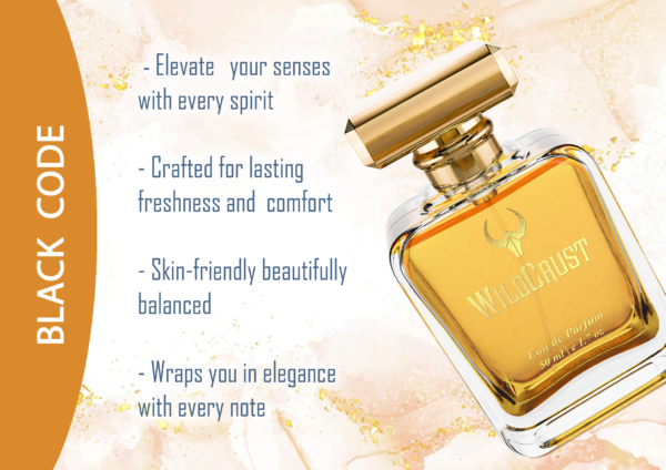 Wildcrust Black Code perfume for men warm spicy woody fragrance long lasting evening scent bottle