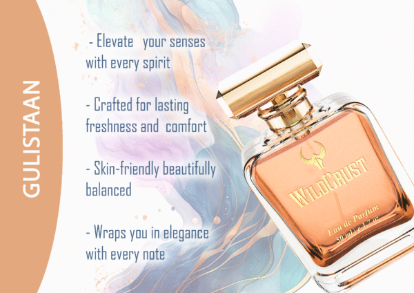 Gulistaan perfume bottle inspired by a garden of flowers, featuring notes of bergamot, jasmine, orchid, rose, and vanilla