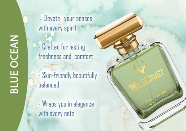 Wildcrust Blue Ocean perfume for men fresh citrus woody fragrance long lasting luxury scent bottle