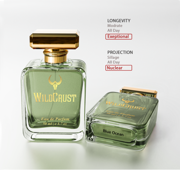 Wildcrust Blue Ocean perfume for men fresh citrus woody fragrance long lasting luxury scent bottle